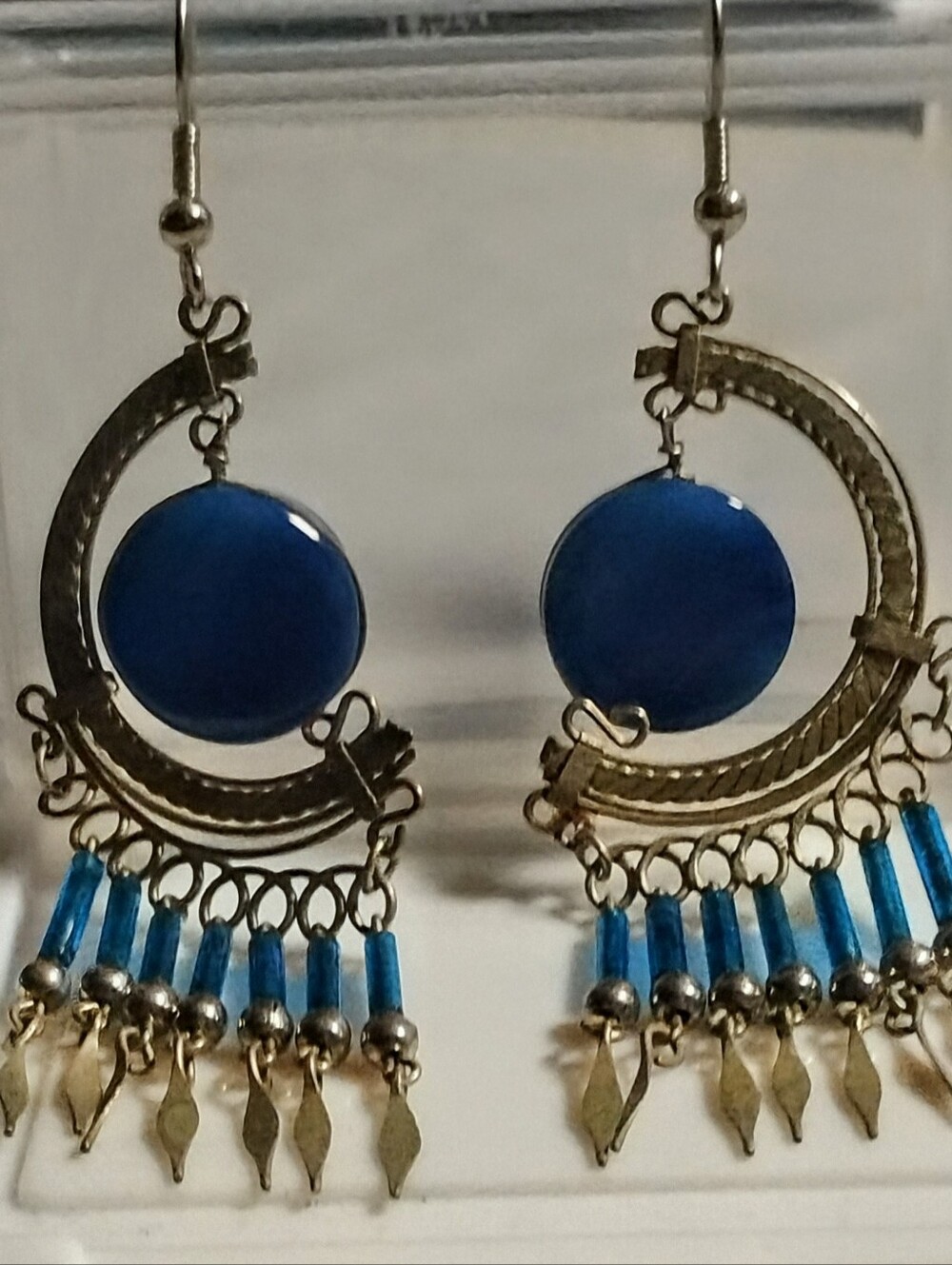 Vintage Bohemian Cobalt Blue Crescent Waterfall Fringe Dangle Earrings